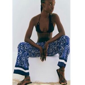 H&M Blue and White Silky Patterned Wide Leg Pants